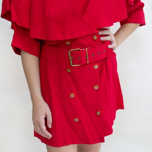 Vintage 80s Super Mini Coat Dress Double Breasted Ruffle Cape Suit Jackson - Picture 2 of 11